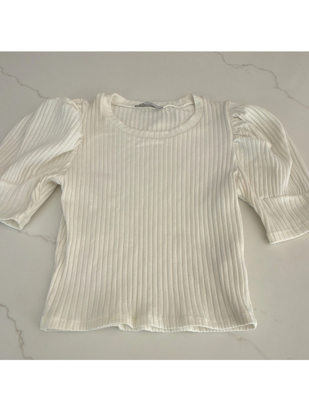 Zara White Ribbed Puff Sleeve Top